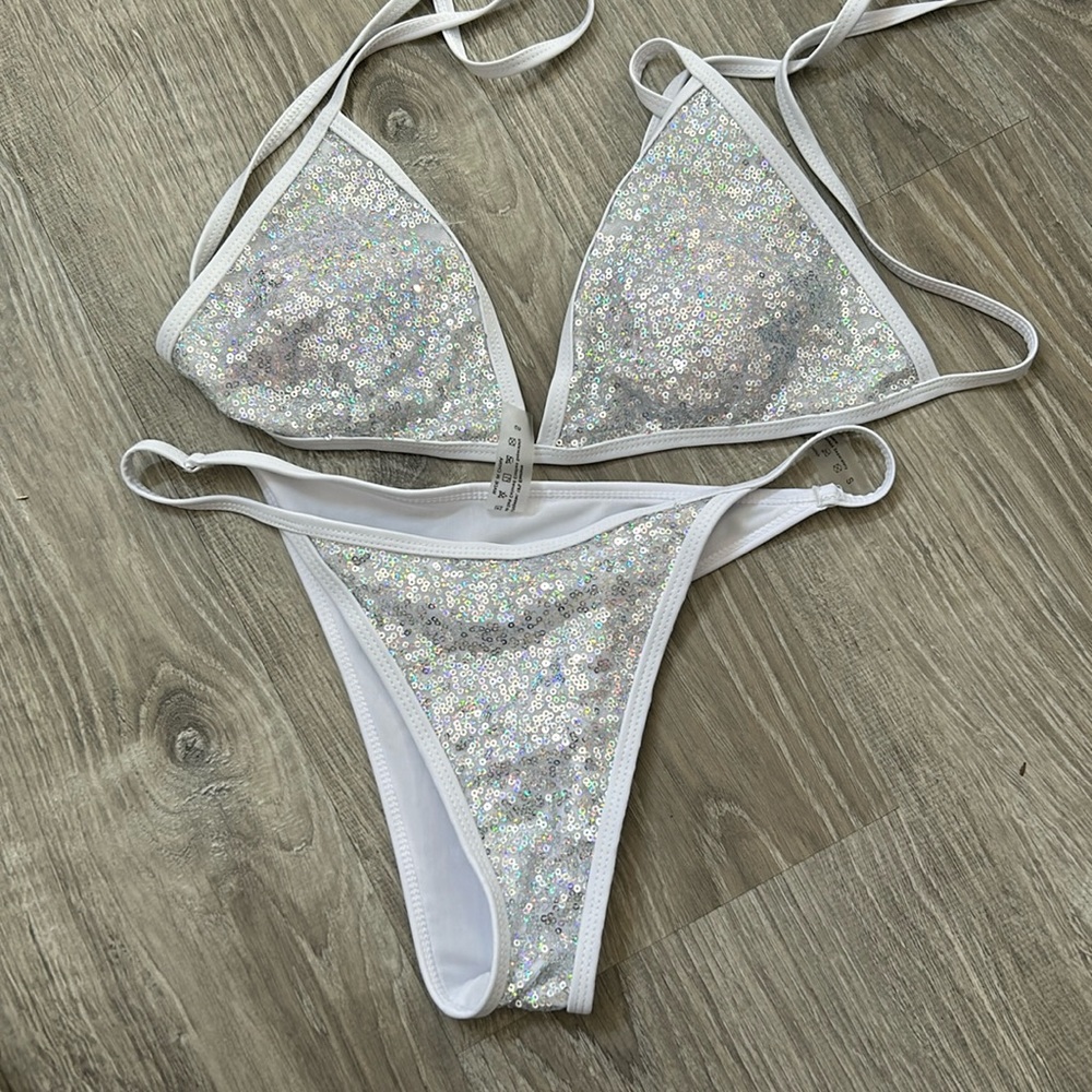 White sparkle small bikini top, and bikini bottom set